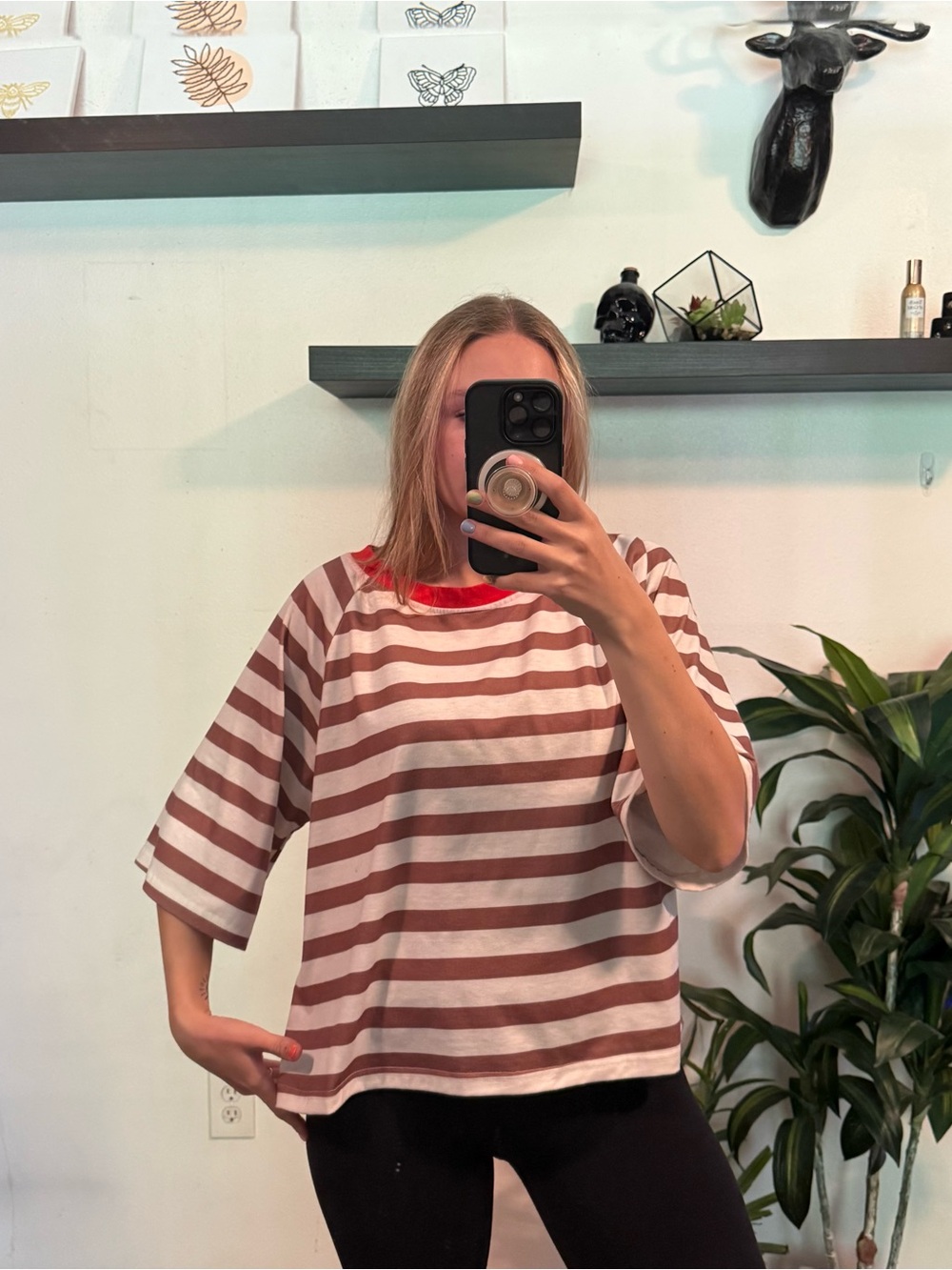 SHEIN Brown and White Striped Short Sleeve Tee with Red Neckline